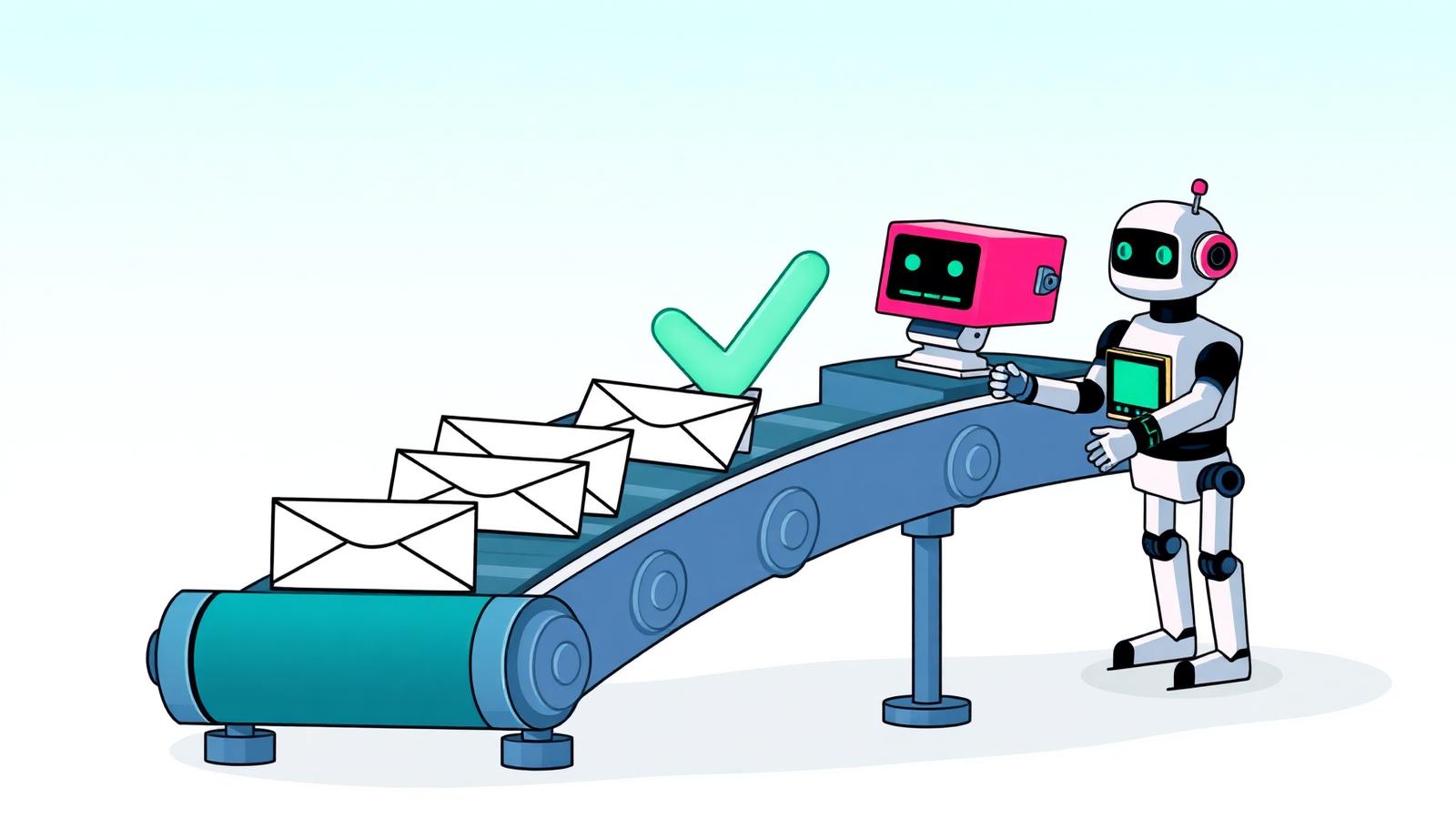 A CI pipeline conveyor belt carrying envelopes through gears toward a green checkmark, with a friendly robot at the controls