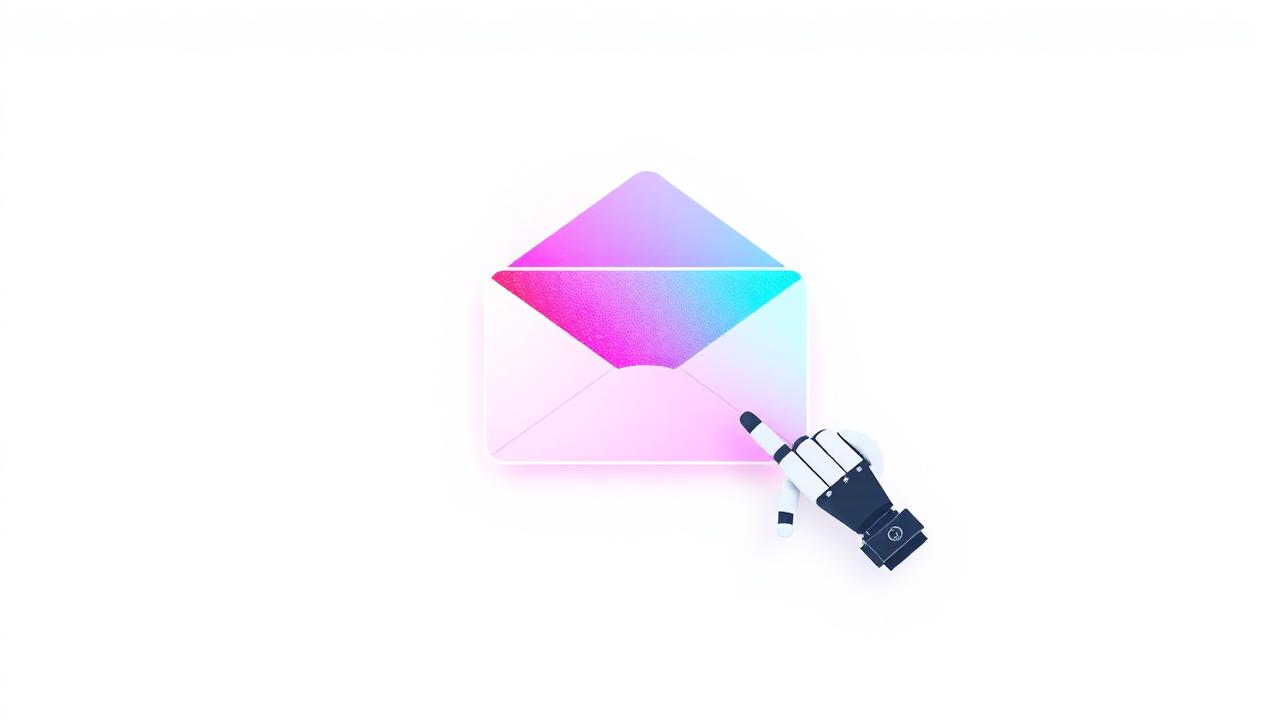 A magic-link envelope emitting a sparkly gradient link with a robot hand clicking it, framed by code brackets