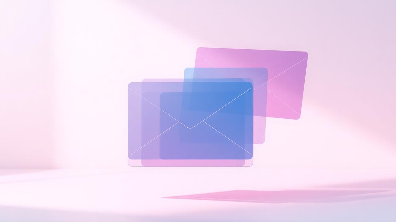 Layered translucent inbox cards floating on a soft background