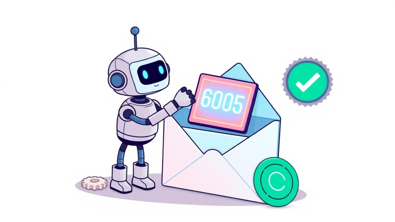 A friendly robot plucking a glowing six-digit code chip out of an open envelope, with gears and a green checkmark