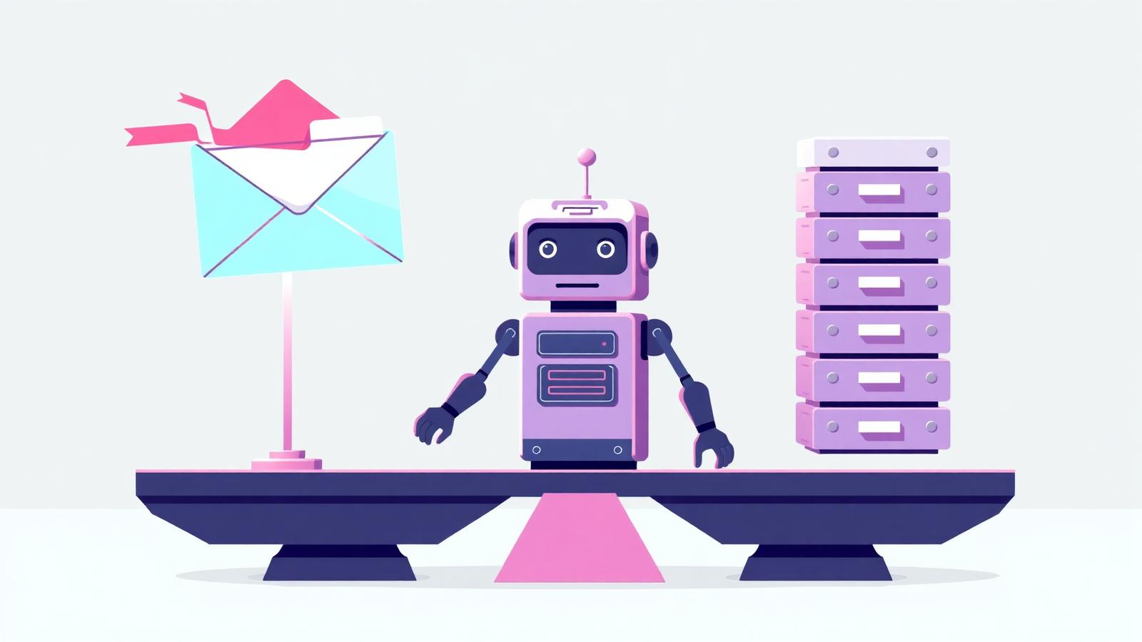 A balance scale weighing a vanishing pixelated envelope against a stack of permanent mailboxes, with a small terminal-robot acting as judge